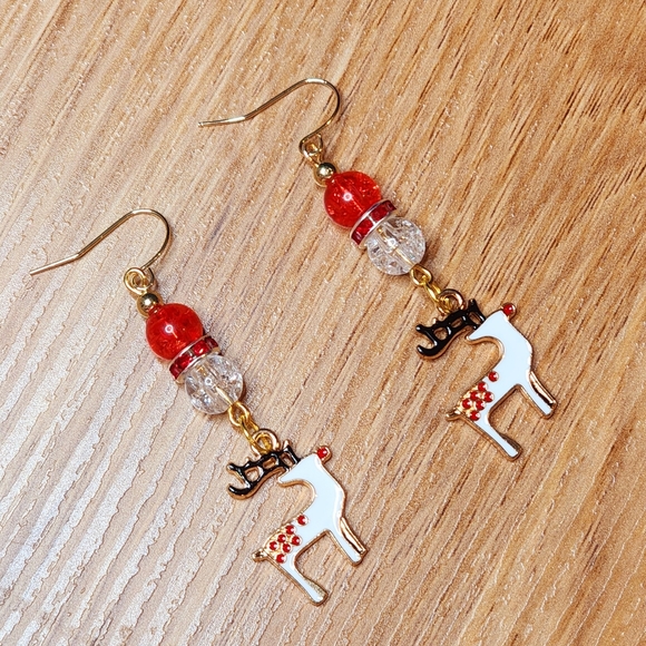 Christmas Dangle Earrings Rudolph Enamel Charms Crackle Beads Handmade - Picture 4 of 4